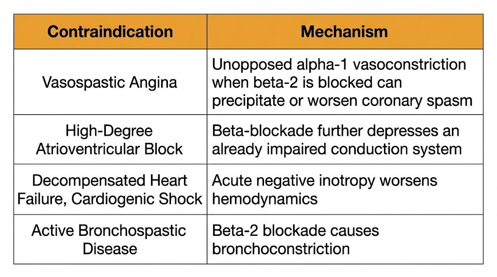 A reference table listing four contraindications to beta-blocker therapy: vasospastic angina, high-degree atrioventricular block, decompensated heart failure or cardiogenic shock, and active bronchospastic disease, with the mechanism explaining each.