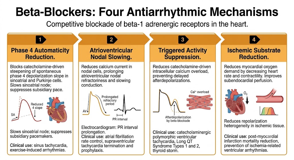 Four-panel diagram showing the antiarrhythmic mechanisms of beta-blockers: phase 4 automaticity reduction, atrioventricular nodal slowing with PR interval prolongation, triggered activity suppression via calcium overload prevention, and ischemic substrate reduction through decreased myocardial oxygen demand.