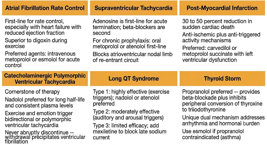 Six-panel summary diagram showing beta-blocker indications in arrhythmia management: atrial fibrillation rate control, supraventricular tachycardia prophylaxis, post-myocardial infarction mortality reduction, catecholaminergic polymorphic ventricular tachycardia, Long QT Syndrome by type, and thyroid storm with propranolol preferred for dual T4-to-T3 conversion blockade.