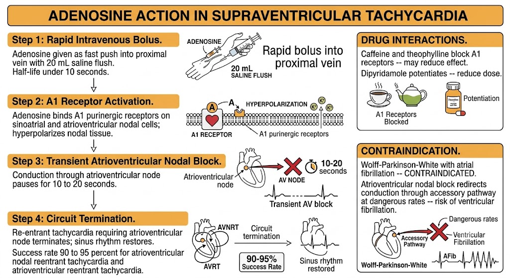 Four-step flow diagram of adenosine action in supraventricular tachycardia showing rapid bolus administration, A1 receptor activation and nodal hyperpolarization, transient atrioventricular nodal block for 10 to 20 seconds, and circuit termination with 90 to 95 percent success rate, with side panels showing drug interactions and the Wolff-Parkinson-White contraindication.