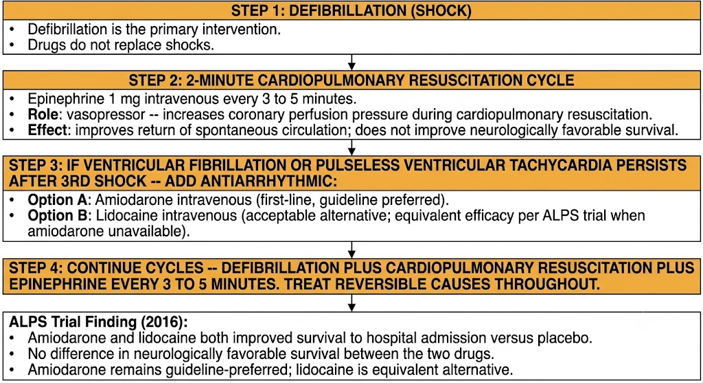 Four-step ACLS drug sequence flow diagram for shock-refractory ventricular fibrillation showing defibrillation first, epinephrine every 3 to 5 minutes during cardiopulmonary resuscitation, amiodarone or lidocaine after the third shock, and continued cycles, with ALPS trial finding box.