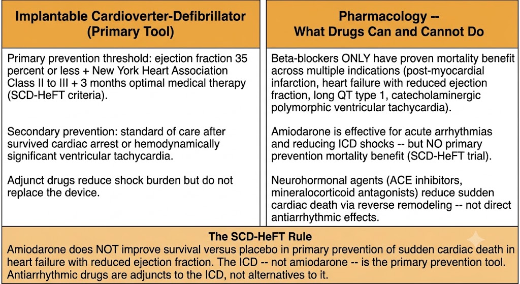 Two-panel diagram showing implantable cardioverter-defibrillator as primary tool on the left with SCD-HeFT criteria, and pharmacology on the right showing beta-blockers as the only class with proven mortality benefit and amiodarone limitation per SCD-HeFT, with shared SCD-HeFT rule box.