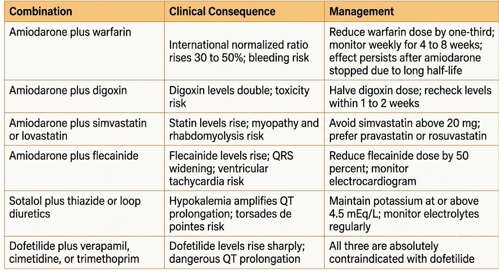 Reference table of key antiarrhythmic drug interactions with six rows covering amiodarone with warfarin, digoxin, statins, and flecainide, plus sotalol with diuretics and dofetilide with verapamil, cimetidine, or trimethoprim.