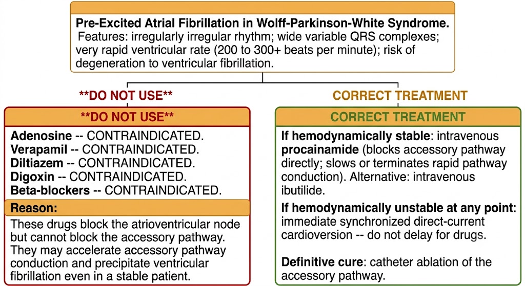 Emergency management flow diagram for pre-excited atrial fibrillation in Wolff-Parkinson-White showing contraindicated drugs on the left and correct treatment with procainamide or cardioversion on the right.