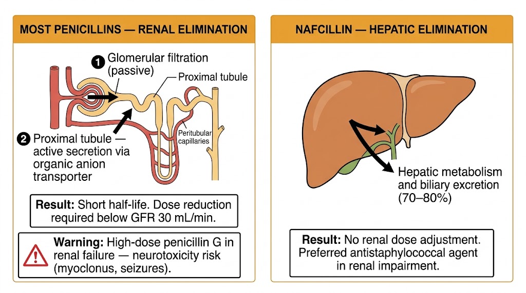 Two-panel diagram contrasting renal elimination of most penicillins via glomerular filtration and proximal tubule active secretion with nafcillin's hepatic metabolism and biliary excretion, including dose adjustment implications.