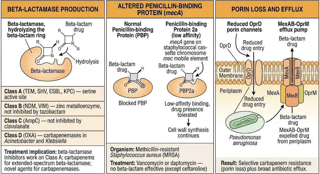 Three-panel diagram of beta-lactam resistance mechanisms: beta-lactamase production hydrolyzing the beta-lactam ring, altered penicillin-binding protein via mecA in methicillin-resistant Staphylococcus aureus, and efflux pump activity with porin loss in gram-negative bacteria.