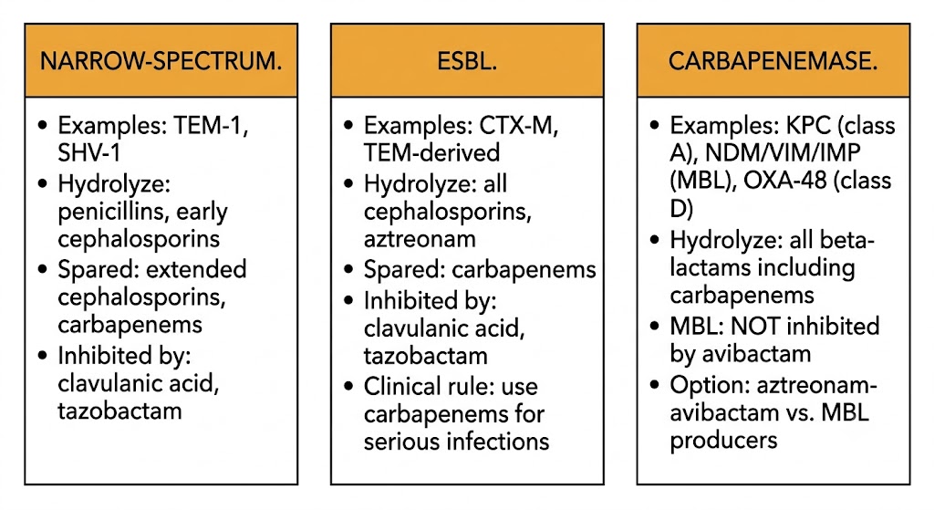 Three-panel diagram comparing beta-lactamase spectrum: narrow-spectrum enzymes hydrolyze penicillins only; extended-spectrum beta-lactamases hydrolyze all cephalosporins and aztreonam but not carbapenems; carbapenemases hydrolyze all beta-lactams including carbapenems.