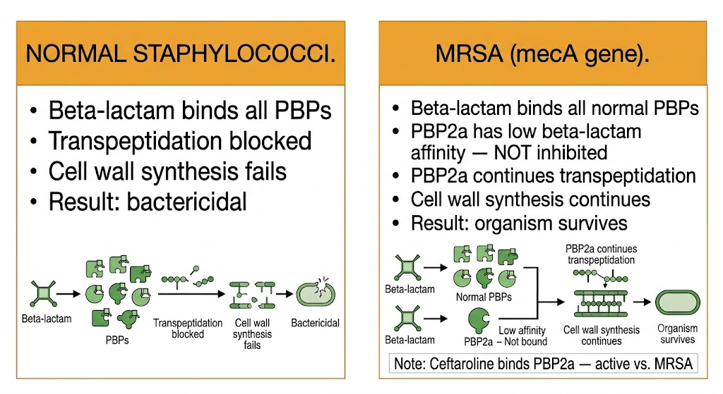 Two-panel diagram comparing normal staphylococci (beta-lactam binds all PBPs, transpeptidation blocked, bactericidal) versus MRSA with mecA gene (PBP2a has low affinity for beta-lactam and is not inhibited, cell wall synthesis continues, organism survives; ceftaroline binds PBP2a and is active against MRSA).