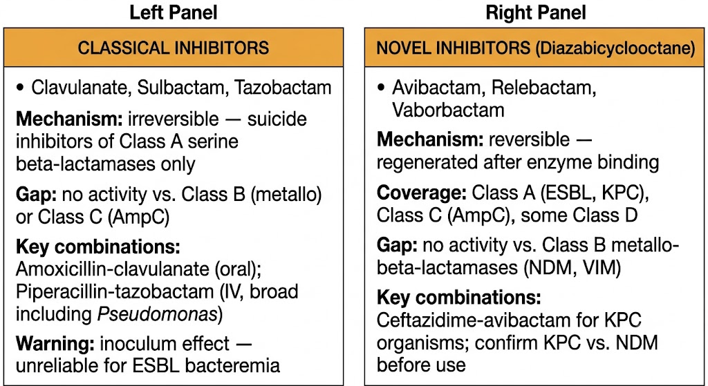 Two-panel diagram contrasting classical beta-lactamase inhibitors (clavulanate, sulbactam, tazobactam — irreversible, Class A only) with novel inhibitors (avibactam, relebactam, vaborbactam — Class A/C/D), including key combinations and coverage gaps.