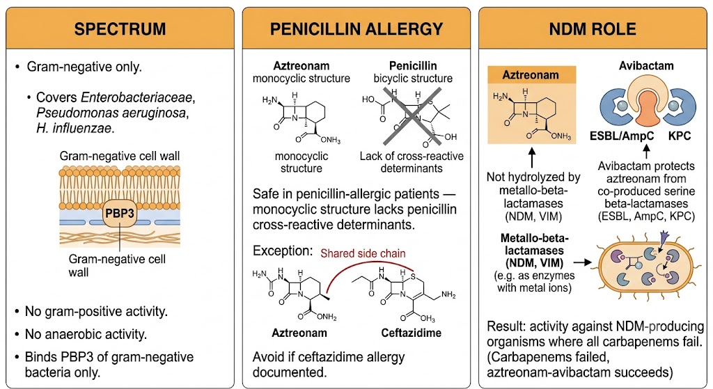 Three-panel diagram showing aztreonam's gram-negative-only spectrum and PBP3 binding, its penicillin allergy safety due to monocyclic structure with ceftazidime exception, and its NDM role with avibactam protecting it from co-produced serine beta-lactamases.