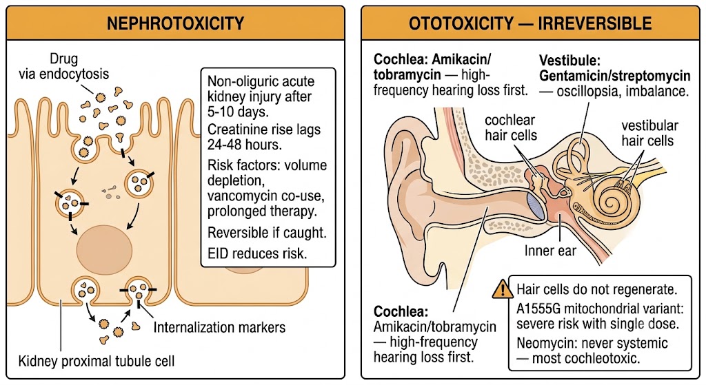 Two-panel toxicity diagram: left panel shows aminoglycoside accumulation in kidney proximal tubular cells causing non-oliguric acute kidney injury with risk factors; right panel shows irreversible cochlear and vestibular hair cell destruction with agent-specific toxicity profiles and A1555G genetic risk.
