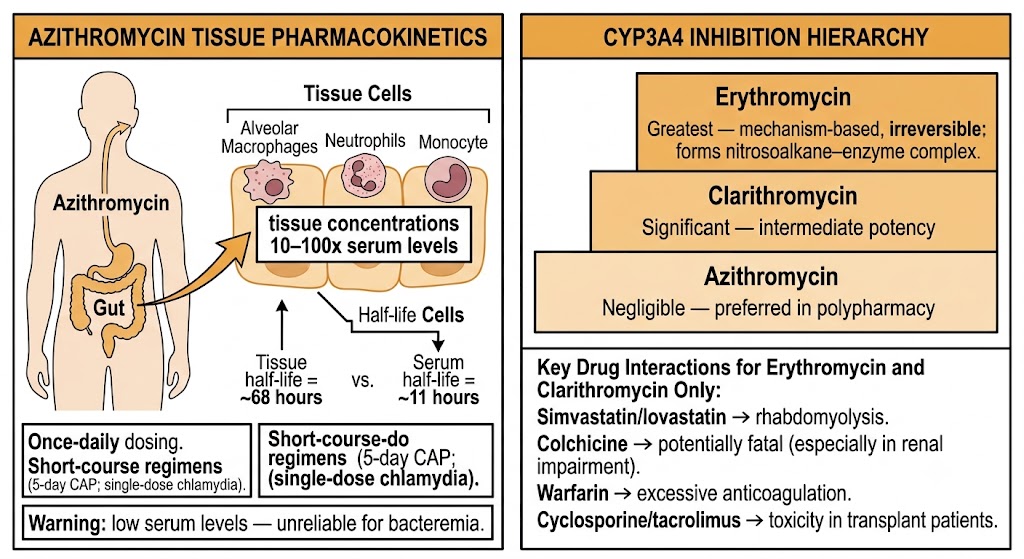Two-panel diagram: azithromycin tissue accumulation pharmacokinetics (tissue levels 10-100x serum, 68-hour tissue half-life, short-course regimens) and CYP3A4 inhibition hierarchy with key drug interaction consequences for erythromycin and clarithromycin.