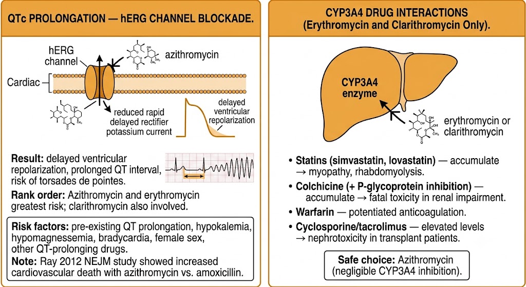 Two-panel diagram: macrolide QTc prolongation via hERG channel blockade with risk factors (azithromycin and erythromycin greatest risk; Ray 2012 NEJM study), and CYP3A4-mediated drug interactions including statin rhabdomyolysis, colchicine fatality risk in renal impairment, warfarin potentiation, and calcineurin inhibitor toxicity.