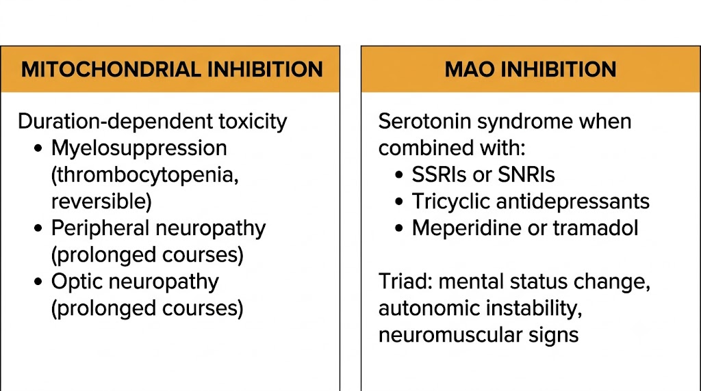 Two-panel diagram of linezolid adverse effects: left panel shows mitochondrial inhibition causing myelosuppression, peripheral neuropathy, and optic neuropathy; right panel shows MAO inhibition causing serotonin syndrome with SSRIs, SNRIs, tricyclic antidepressants, meperidine, and tramadol.
