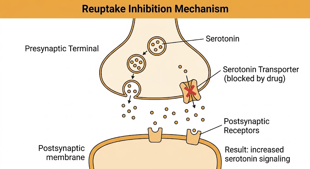 Diagram of a serotonergic synapse showing the serotonin transporter on the presynaptic membrane blocked by a drug, with serotonin accumulating in the synaptic cleft and activating postsynaptic receptors.