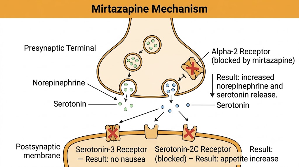 Diagram of mirtazapine mechanism showing alpha-2 receptor blockade on the presynaptic terminal leading to increased norepinephrine and serotonin release, with serotonin-3 and serotonin-2C receptor blockade on the postsynaptic membrane producing no nausea and appetite increase respectively.