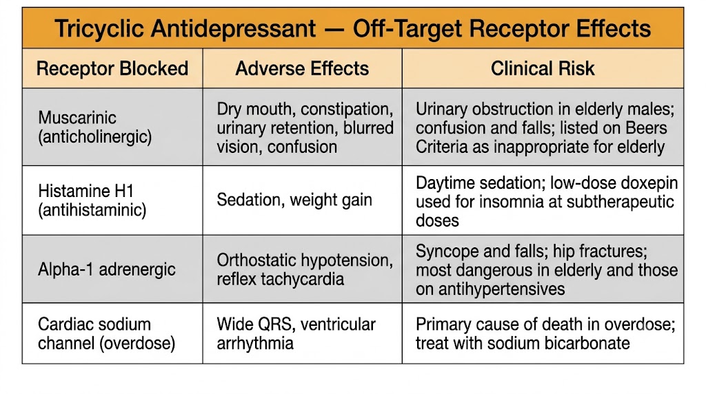 Table showing tricyclic antidepressant off-target receptor binding: muscarinic blockade causing anticholinergic effects, histamine H1 blockade causing sedation and weight gain, alpha-1 blockade causing orthostatic hypotension, and cardiac sodium channel blockade causing arrhythmia in overdose.