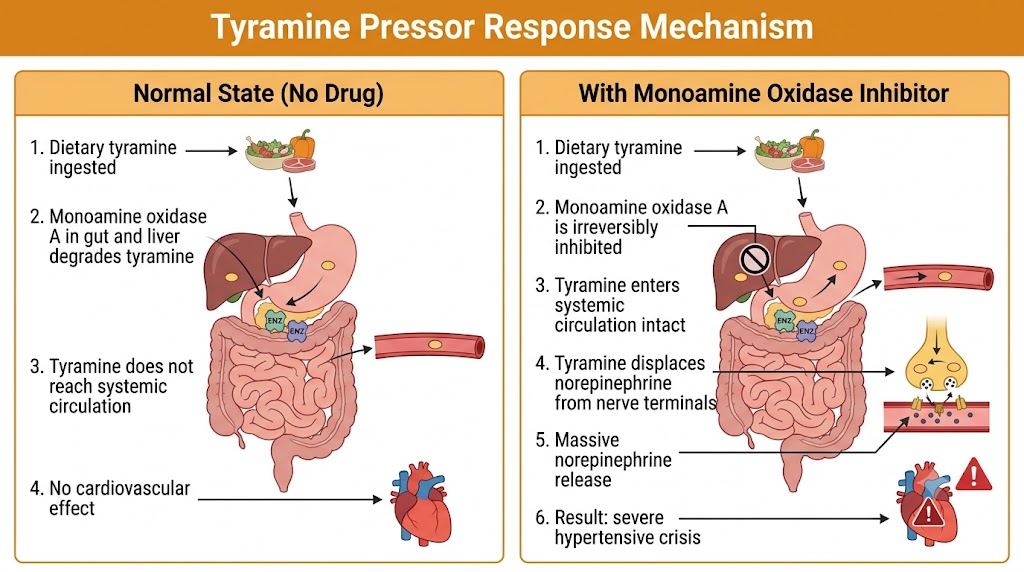Two-panel comparison diagram showing the tyramine pressor response mechanism: normal state where monoamine oxidase A degrades tyramine in the gut and liver versus the monoamine oxidase inhibitor state where inhibited monoamine oxidase A allows tyramine to reach systemic circulation, displace norepinephrine from nerve terminals, and cause severe hypertensive crisis.