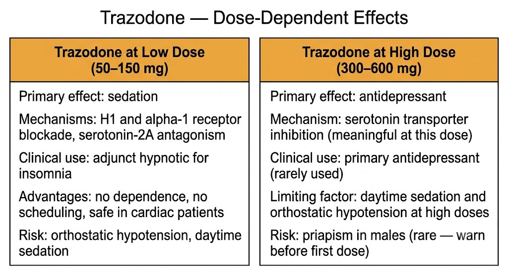 Two-panel comparison showing trazodone dose-dependent effects: low dose (50 to 150 mg) produces sedation through H1 and alpha-1 blockade for hypnotic use, while high dose (300 to 600 mg) produces antidepressant effect through serotonin transporter inhibition.