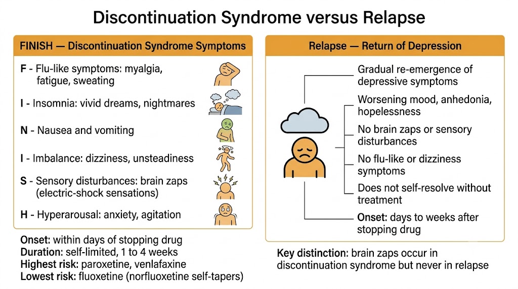 Two-panel comparison of antidepressant discontinuation syndrome versus relapse, showing the FINISH mnemonic on the left with onset, duration, and risk ranking by agent, and features distinguishing relapse from discontinuation syndrome on the right.