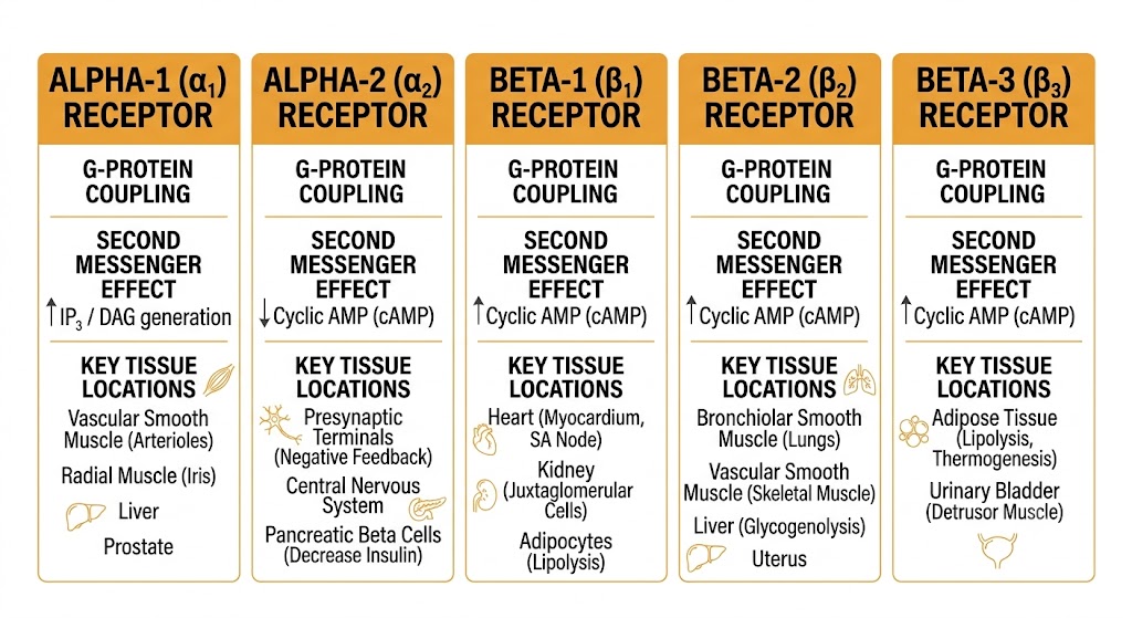 Diagram comparing the five adrenergic receptor subtypes by G-protein coupling class, second messenger pathway, and key tissue locations.