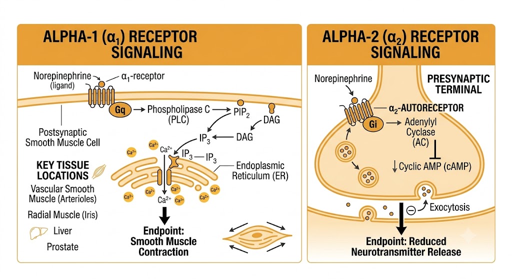 Side-by-side diagram of alpha-1 receptor Gq/IP3/calcium signaling leading to smooth muscle contraction, and alpha-2 receptor Gi/cyclic AMP inhibition at a presynaptic terminal leading to reduced norepinephrine release.