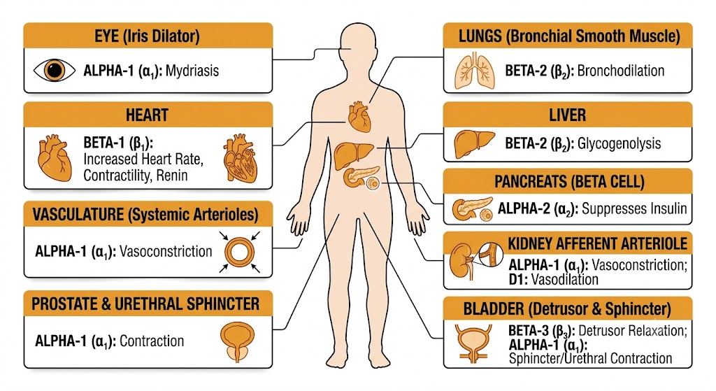 Anatomical diagram showing dominant adrenergic receptor subtypes and their functional effects in the heart, vasculature, bronchi, kidney, prostate, bladder, iris, liver, and pancreas.