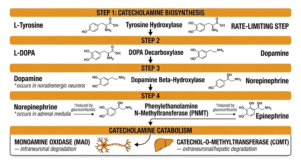 Vertical flow diagram of catecholamine biosynthesis from tyrosine through L-DOPA, dopamine, and norepinephrine to epinephrine, with enzymes labeled at each step and catabolism pathways shown at the bottom.
