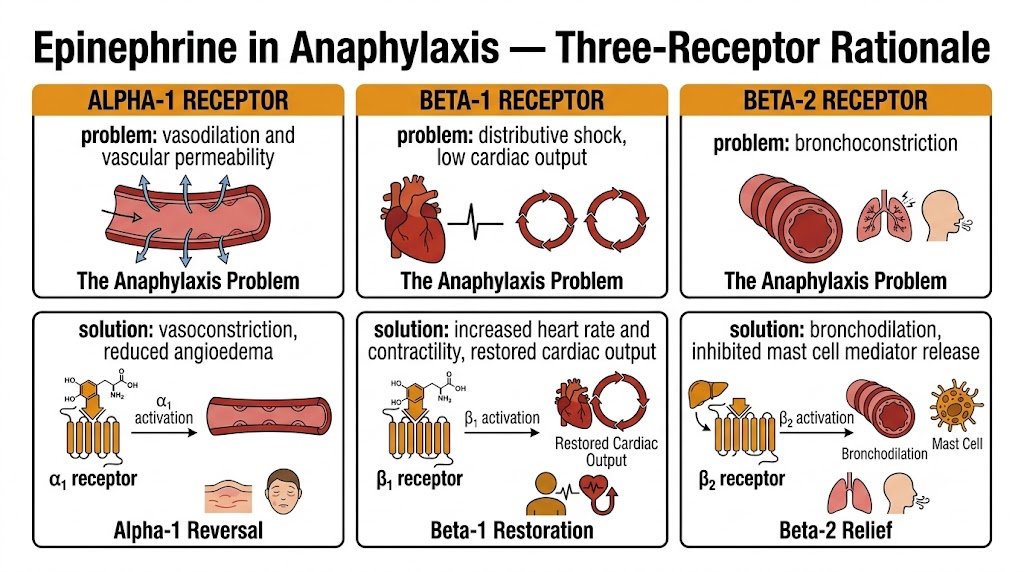 Three-panel diagram showing epinephrine's mechanism in anaphylaxis: alpha-1 reverses vasodilation and angioedema, beta-1 restores cardiac output, and beta-2 reverses bronchoconstriction and inhibits mast cell mediator release.