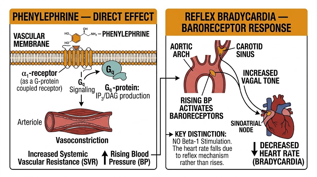 Two-panel diagram showing phenylephrine producing alpha-1-mediated vasoconstriction and rising blood pressure, and baroreceptor-mediated reflex bradycardia, with the note that absence of beta-1 activity means no compensatory tachycardia.