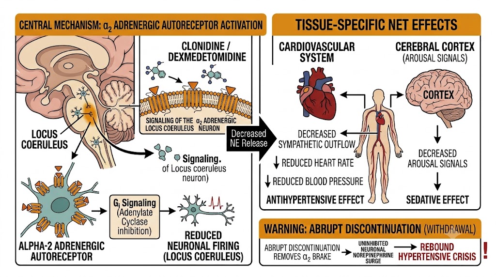 Diagram showing clonidine and dexmedetomidine activating alpha-2 adrenergic autoreceptors in the locus coeruleus, reducing norepinephrine outflow to produce antihypertensive and sedative effects, with a withdrawal syndrome box showing rebound hypertension on abrupt discontinuation.