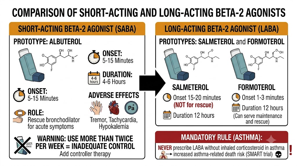 Side-by-side comparison of short-acting beta-2 agonists (albuterol: 5-15 minute onset, rescue use, overuse warning) and long-acting beta-2 agonists (salmeterol: slow onset not for rescue; formoterol: rapid onset; both require inhaled corticosteroid in asthma per SMART trial mandatory rule).