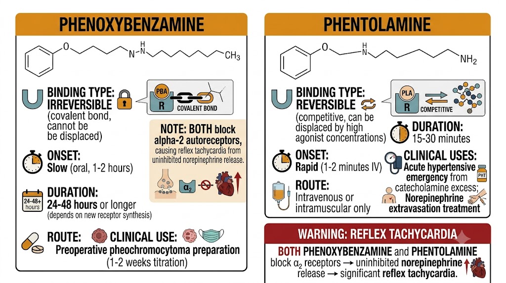 Side-by-side comparison of phenoxybenzamine (irreversible covalent blockade, oral, 24-48 hour duration, pheochromocytoma preoperative use) and phentolamine (reversible competitive blockade, intravenous, 15-30 minute duration, acute hypertensive emergencies), with shared warning that both cause reflex tachycardia from alpha-2 autoreceptor blockade.