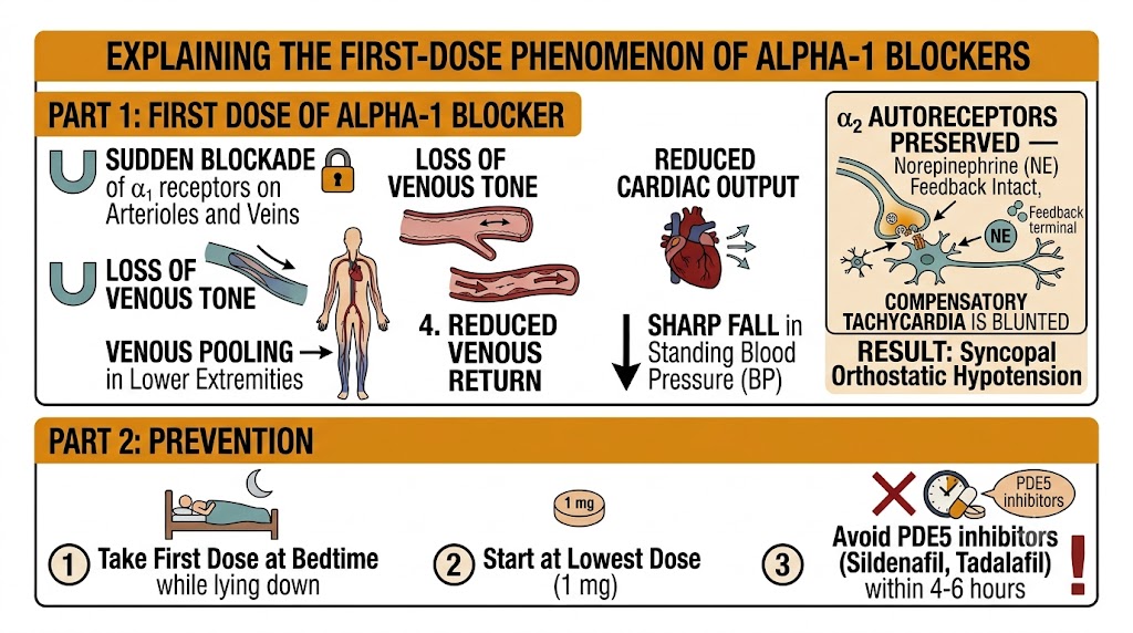 Diagram showing the first-dose phenomenon mechanism of alpha-1 blockers — sudden venous pooling and reduced cardiac output causing syncopal orthostatic hypotension, with preserved alpha-2 autoreceptor feedback blunting compensatory tachycardia, and three prevention strategies: bedtime first dose, 1 mg starting dose, avoid PDE5 inhibitors.