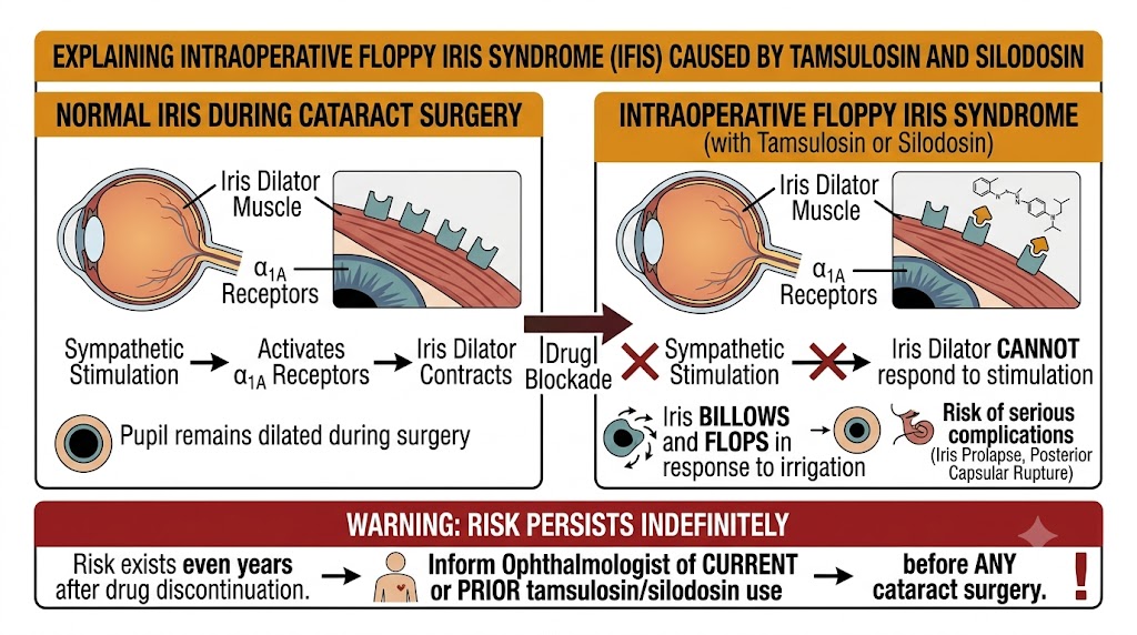 Two-panel diagram showing normal iris dilator alpha-1A receptor function during cataract surgery versus intraoperative floppy iris syndrome in a patient on tamsulosin or silodosin, with full-width warning that the risk persists indefinitely after drug discontinuation and that the ophthalmologist must be informed before any cataract surgery.