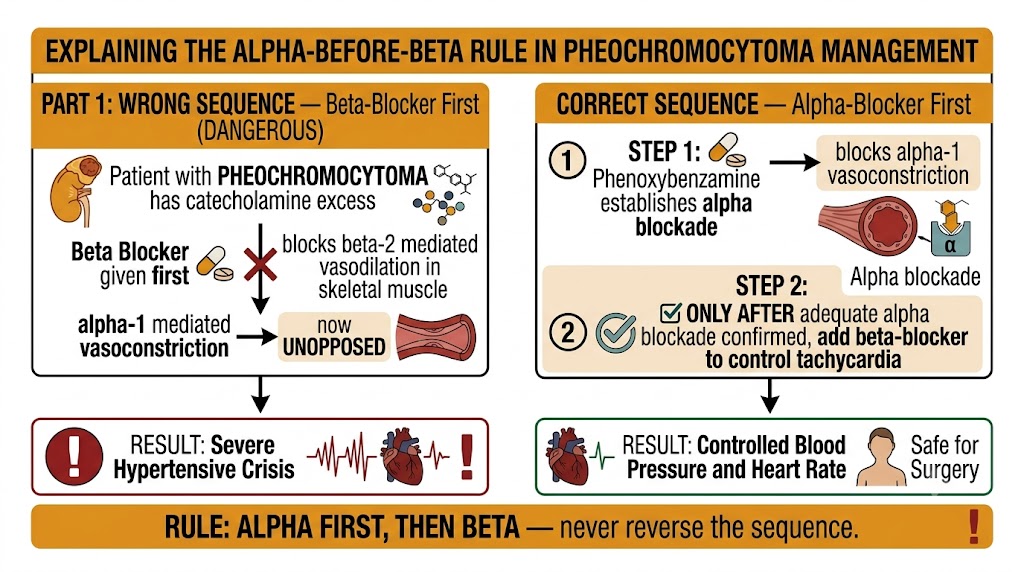 Side-by-side diagram showing the wrong sequence (beta-blocker first causing unopposed alpha-1 vasoconstriction and severe hypertensive crisis) versus the correct sequence (phenoxybenzamine alpha blockade first, then beta-blocker for tachycardia) in pheochromocytoma preoperative management, with the rule: alpha first, then beta.