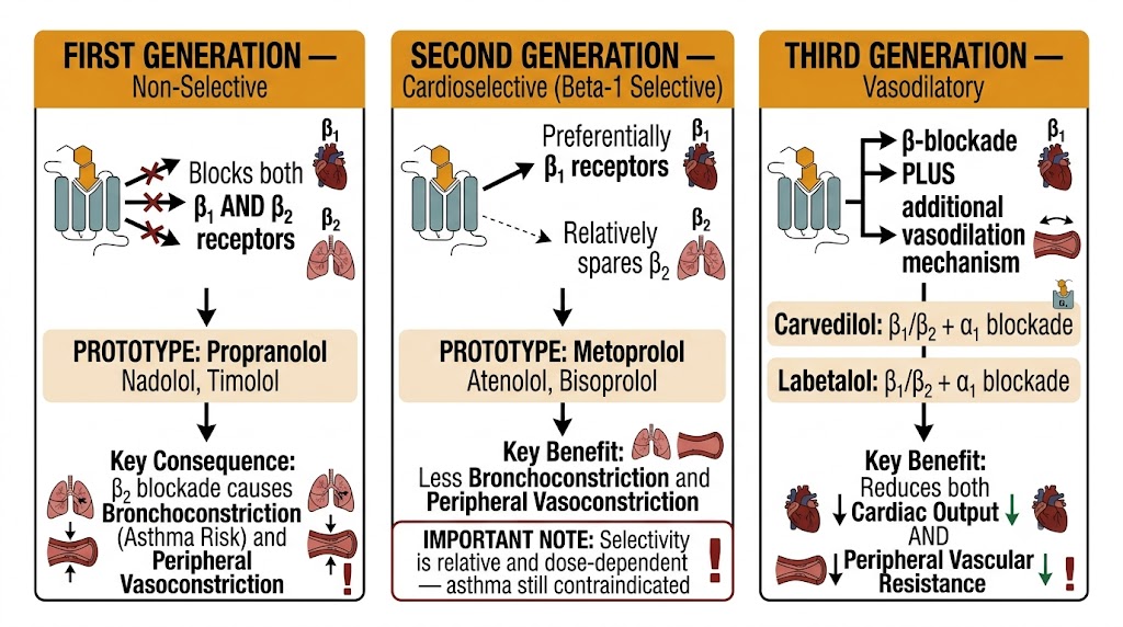 Three-panel comparison of first-generation non-selective beta-blockers (propranolol — bronchoconstriction and peripheral vasoconstriction risk), second-generation cardioselective beta-1 selective agents (metoprolol, atenolol, bisoprolol — less bronchoconstriction; asthma still contraindicated), and third-generation vasodilatory agents (carvedilol, labetalol — beta plus alpha-1 blockade reducing cardiac output and peripheral vascular resistance).