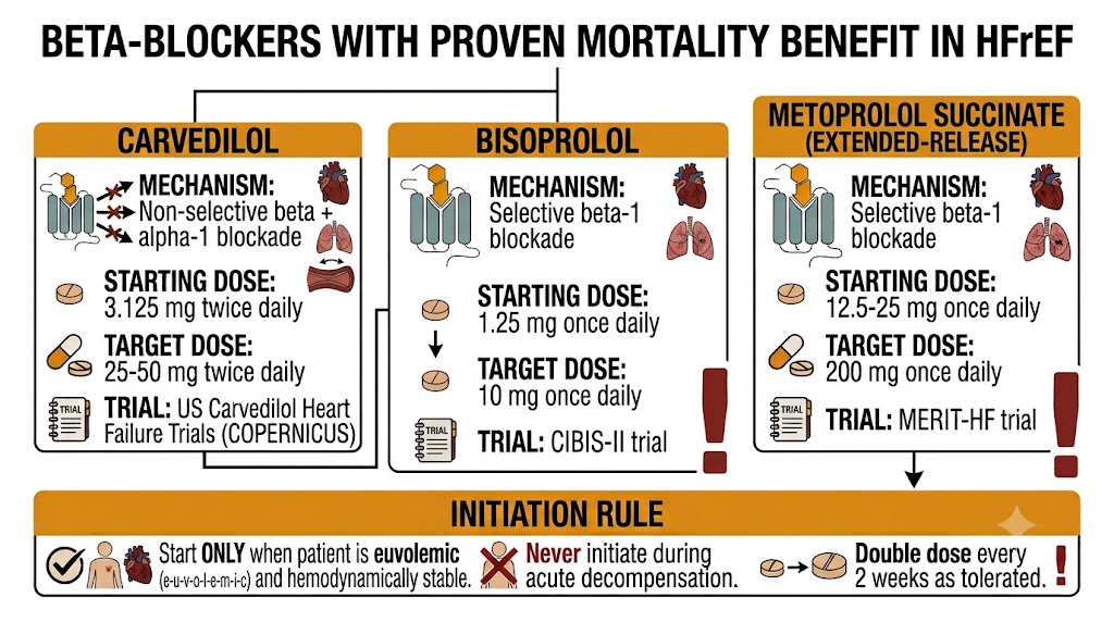 Three-panel diagram of the only beta-blockers with proven HFrEF mortality benefit: carvedilol (US Carvedilol Heart Failure Trials/COPERNICUS), bisoprolol (CIBIS-II), and extended-release metoprolol succinate (MERIT-HF), with starting and target doses and the shared initiation rule requiring euvolemic stability before starting.