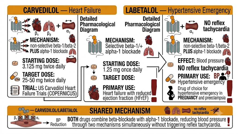 Comparison of carvedilol (heart failure with reduced ejection fraction) and labetalol (hypertensive emergency, drug of choice in pregnancy and preeclampsia) as third-generation dual alpha-1 and non-selective beta blockers, with shared mechanism box showing both reduce blood pressure without reflex tachycardia.