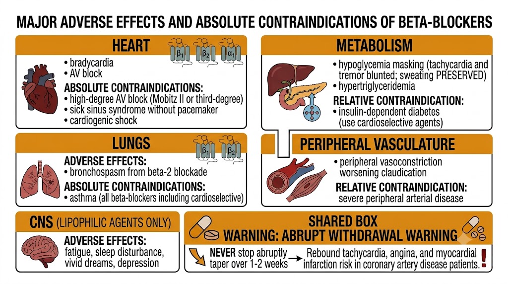 Organ-system summary of beta-blocker adverse effects and contraindications: cardiac (bradycardia, AV block, absolute contraindications), pulmonary (bronchospasm — asthma absolutely contraindicated including cardioselective agents), metabolic (hypoglycemia masking with sweating preserved), peripheral vascular, CNS effects for lipophilic agents, and abrupt withdrawal syndrome warning.