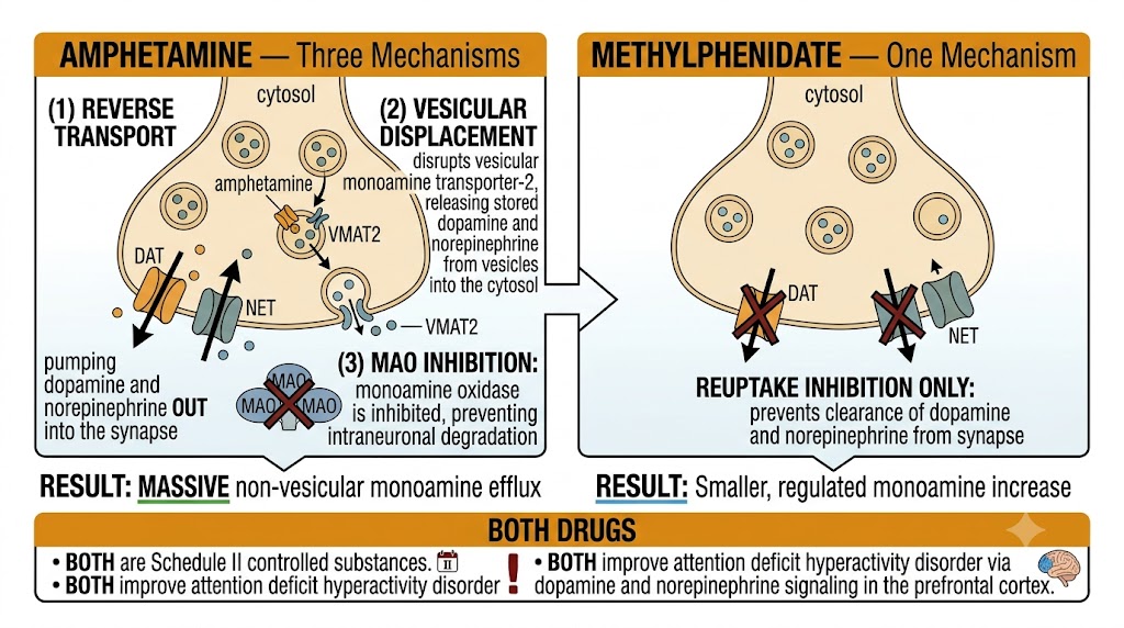 Side-by-side comparison of amphetamine (three mechanisms: reverse transport via dopamine transporter and norepinephrine transporter, vesicular monoamine transporter-2 displacement releasing vesicular stores into cytosol, and monoamine oxidase inhibition — producing massive non-vesicular monoamine efflux) versus methylphenidate (reuptake inhibition only via dopamine transporter and norepinephrine transporter — producing a smaller regulated monoamine increase). Both are Schedule II and improve attention deficit hyperactivity disorder via prefrontal cortex dopamine and norepinephrine signaling.