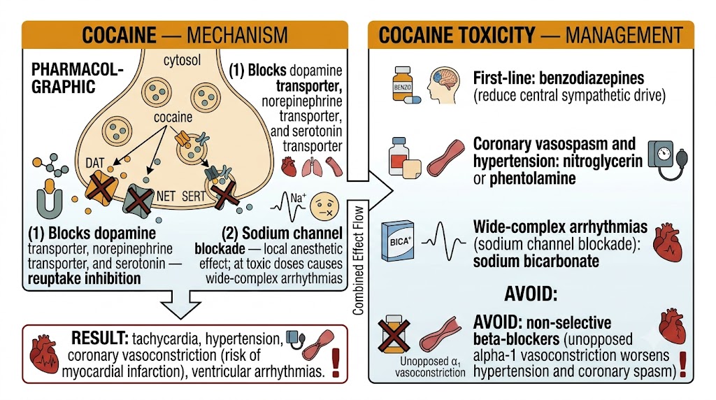 Two-panel diagram showing cocaine mechanisms (blocks dopamine transporter, norepinephrine transporter, and serotonin transporter; sodium channel blockade producing local anesthetic effect and wide-complex arrhythmias at toxic doses; result: tachycardia, hypertension, coronary vasoconstriction, ventricular arrhythmias) and cocaine toxicity management (benzodiazepines first-line, nitroglycerin or phentolamine for vasospasm, sodium bicarbonate for arrhythmias, avoid non-selective beta-blockers).