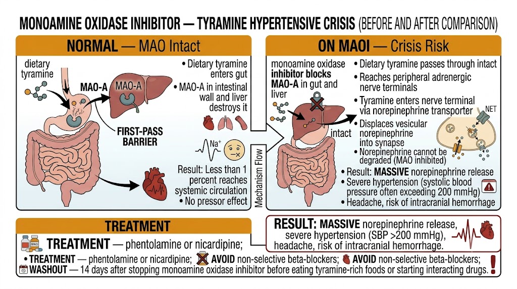 Two-panel before-and-after diagram of the monoamine oxidase inhibitor tyramine hypertensive crisis: normal state shows MAO-A in gut and liver destroying dietary tyramine (first-pass barrier, less than 1 percent reaches systemic circulation); MAOI state shows first-pass barrier abolished, systemic tyramine entering nerve terminals via norepinephrine transporter, displacing vesicular norepinephrine that cannot be degraded, producing massive norepinephrine release and severe hypertension exceeding 200 mmHg. Treatment box: phentolamine or nicardipine; avoid non-selective beta-blockers; 14-day washout.