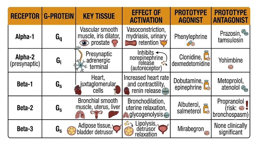 Reference table of all five adrenergic receptor subtypes showing G-protein coupling, key tissue locations, effects of activation, prototype agonist drugs, and prototype antagonist drugs: alpha-1 (Gq, vasoconstriction, phenylephrine, prazosin/tamsulosin), alpha-2 presynaptic (Gi, inhibits norepinephrine release, clonidine/dexmedetomidine, yohimbine), beta-1 (Gs, increased heart rate/contractility/renin, dobutamine/epinephrine, metoprolol/atenolol), beta-2 (Gs, bronchodilation/uterine relaxation/glycogenolysis, albuterol/salmeterol, propranolol with bronchospasm risk), beta-3 (Gs, lipolysis/detrusor relaxation, mirabegron).