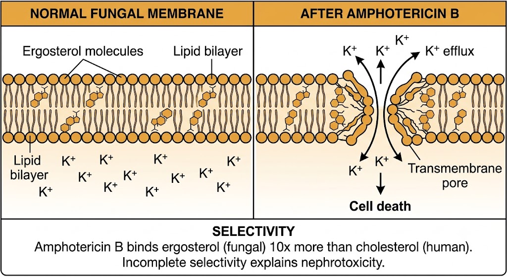 Two-panel diagram showing normal fungal membrane with ergosterol molecules on the left, and on the right amphotericin B assembled into a transmembrane pore causing potassium efflux and cell death. A shared panel below notes that amphotericin B binds ergosterol ten times more than cholesterol, explaining nephrotoxicity.
