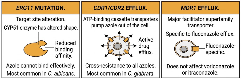 Three-panel diagram illustrating azole resistance mechanisms in Candida: left panel shows ERG11 mutation causing reduced azole binding affinity, most common in C. albicans; center panel shows CDR1/CDR2 ATP-binding cassette efflux pumps actively expelling azole from the cell, causing cross-resistance to all azoles, most common in C. glabrata; right panel shows MDR1 major facilitator superfamily transporter specific to fluconazole efflux that does not affect voriconazole or itraconazole.