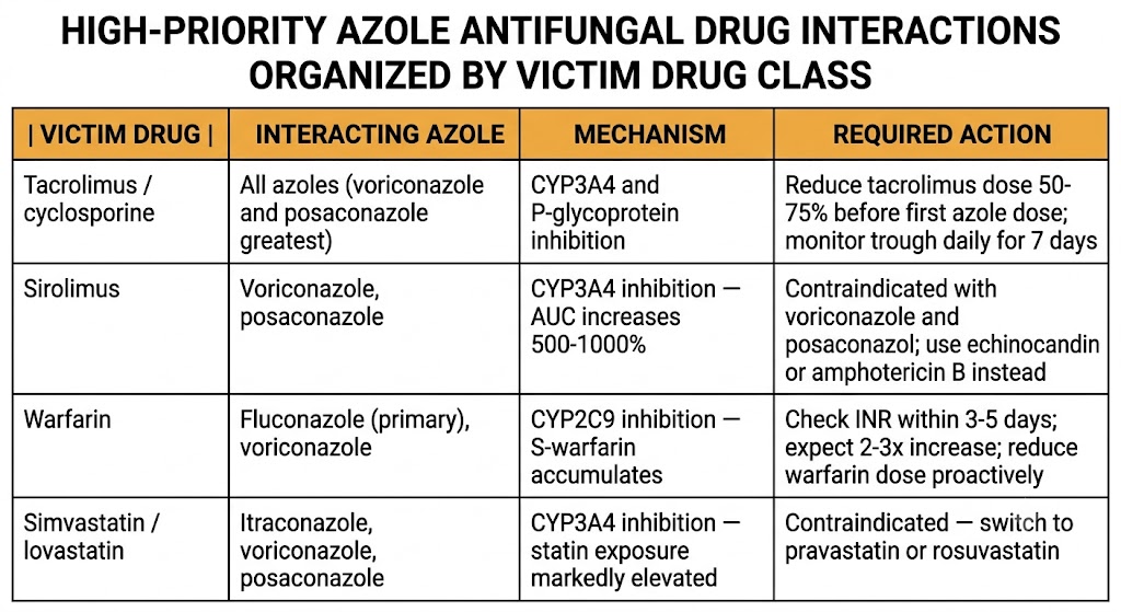 Reference table of high-priority azole drug interactions by victim drug class, showing four rows: tacrolimus and cyclosporine with all azoles requiring 50 to 75 percent dose reduction before first azole dose; sirolimus contraindicated with voriconazole and posaconazole due to 500 to 1000 percent AUC increase; warfarin requiring INR check within 3 to 5 days when combined with fluconazole or voriconazole; and simvastatin and lovastatin contraindicated with potent CYP3A4 inhibitor azoles.