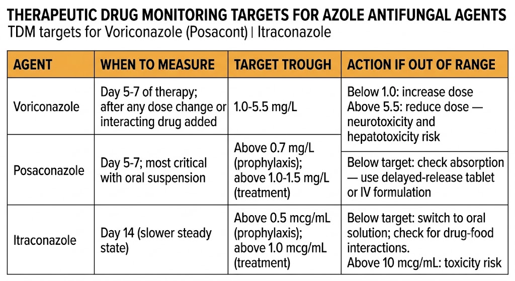 Reference table of therapeutic drug monitoring targets for three azole antifungals: voriconazole target trough 1.0 to 5.5 mg/L measured at day 5 to 7; posaconazole above 0.7 mg/L for prophylaxis and above 1.0 to 1.5 mg/L for treatment measured at day 5 to 7; itraconazole above 0.5 mcg/mL for prophylaxis and above 1.0 mcg/mL for treatment measured at day 14.