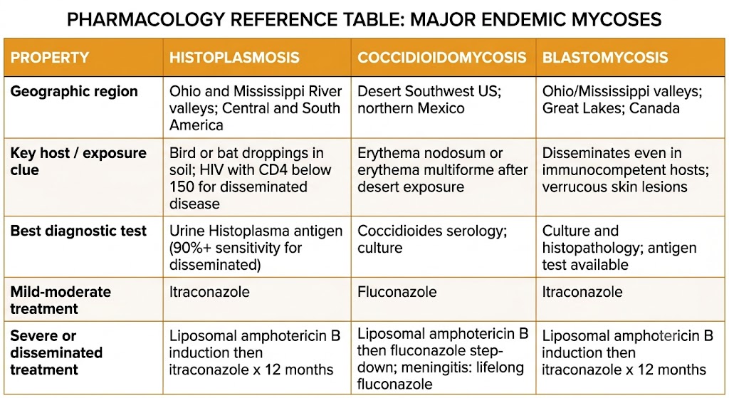 Reference table comparing histoplasmosis, coccidioidomycosis, and blastomycosis across five properties: geographic region, key host and exposure clue, best diagnostic test, mild-to-moderate treatment, and severe or disseminated treatment. Histoplasmosis and blastomycosis both use itraconazole for mild disease and liposomal amphotericin B induction then itraconazole for severe disease. Coccidioidomycosis uses fluconazole for most disease including meningitis, where it must be continued lifelong.
