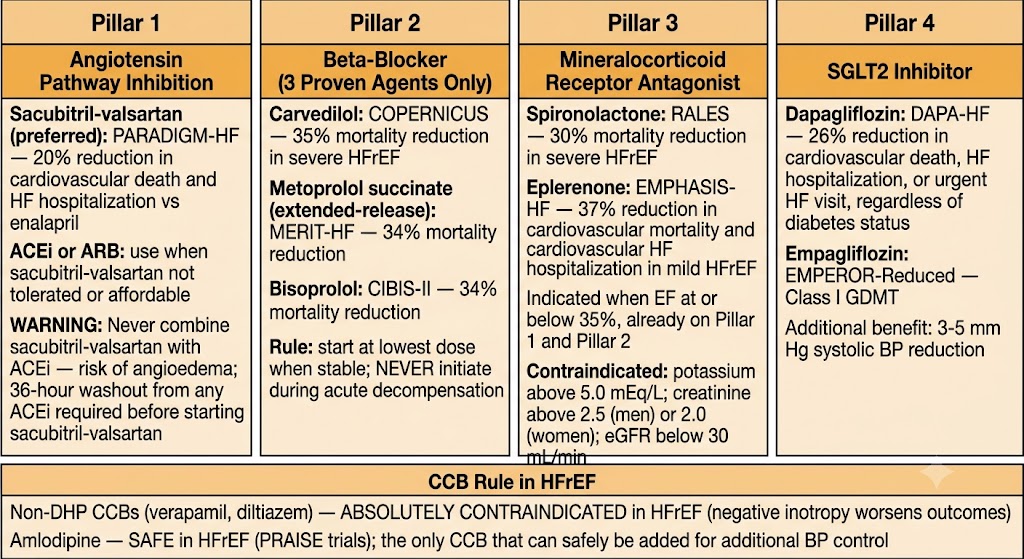 Four-panel diagram showing the four pillars of guideline-directed medical therapy for HFrEF: angiotensin pathway inhibition with sacubitril-valsartan, beta-blocker with three proven agents, mineralocorticoid receptor antagonist, and SGLT2 inhibitor, with a shared CCB rule box below.